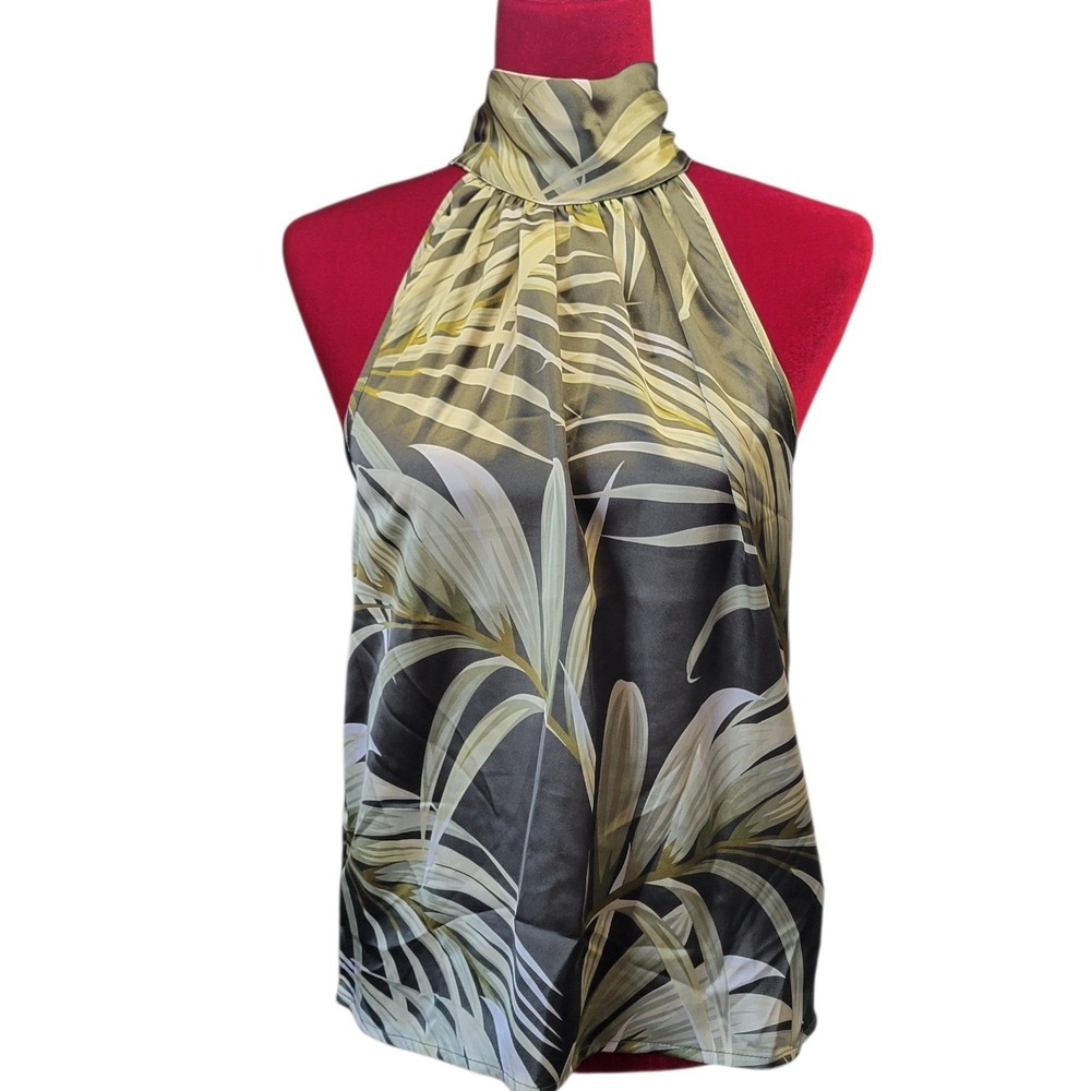Rachel Zoe Olive Grn Tropical Palm Leaf Halter Neck Tie Back Blouse‎ Small E646